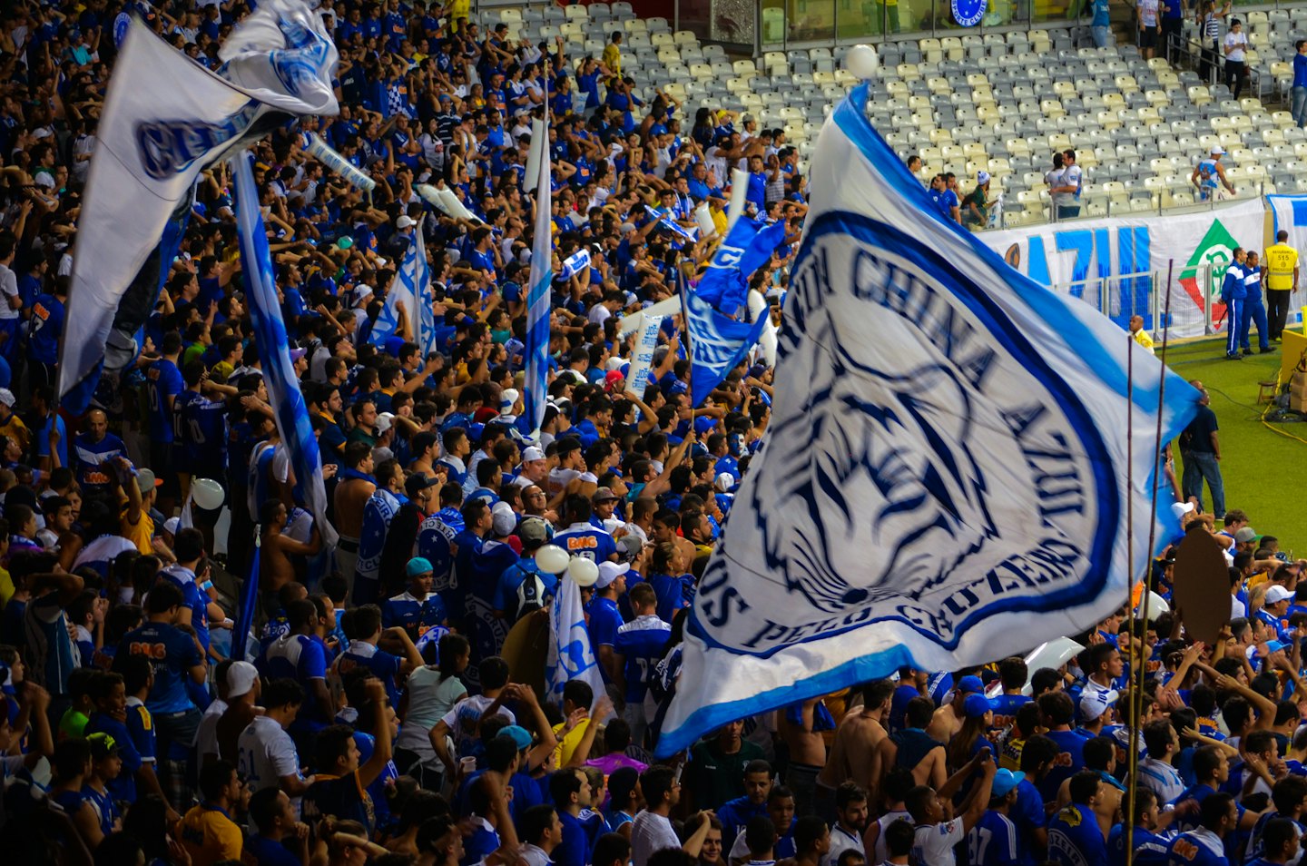 Sports fans wave blue and white team flags at a stadium.